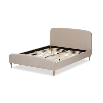Mia Mid-Century Light Beige Fabric Upholstered Queen Size Platform Bed