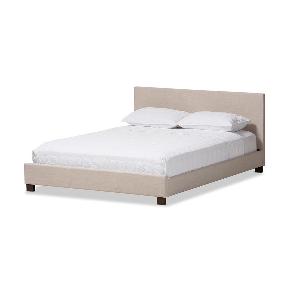 Beige Fabric Upholstered Panel-Stitched Queen Size Platform Bed