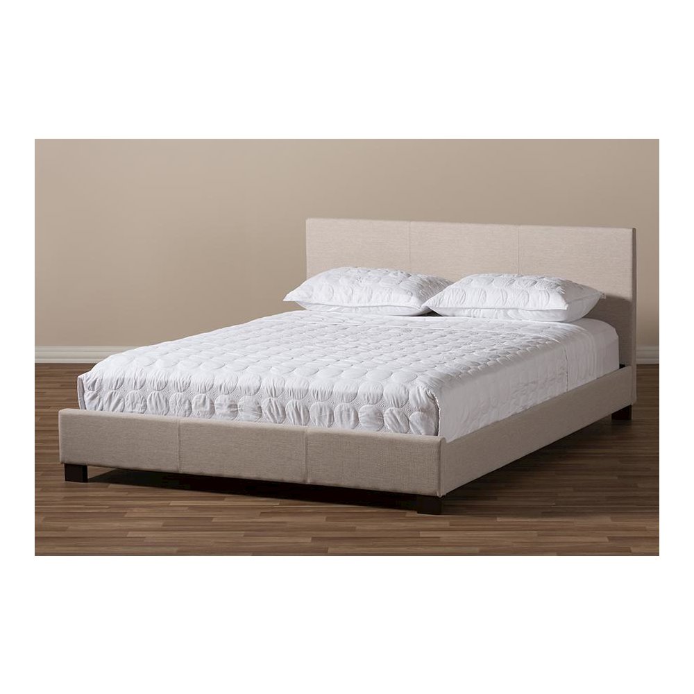 Beige Fabric Upholstered Panel-Stitched Queen Size Platform Bed