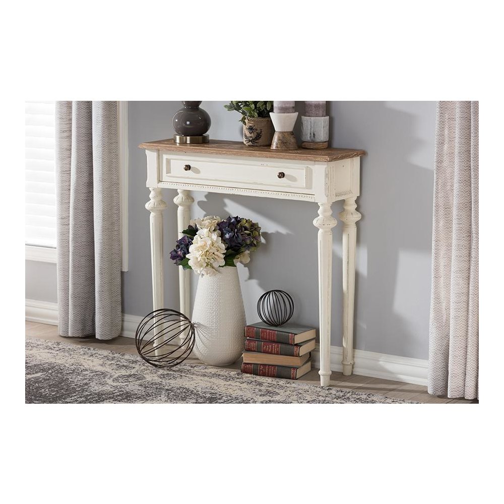 Weathered Oak and White Wash Distressed Finish Wood Two-Tone Console Table