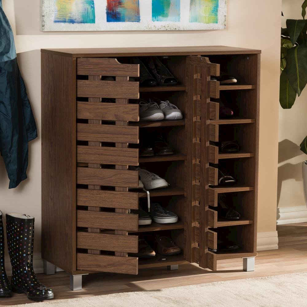 "Walnut" Medium Brown Wood 2-Door Shoe Cabinet with Open Shelves