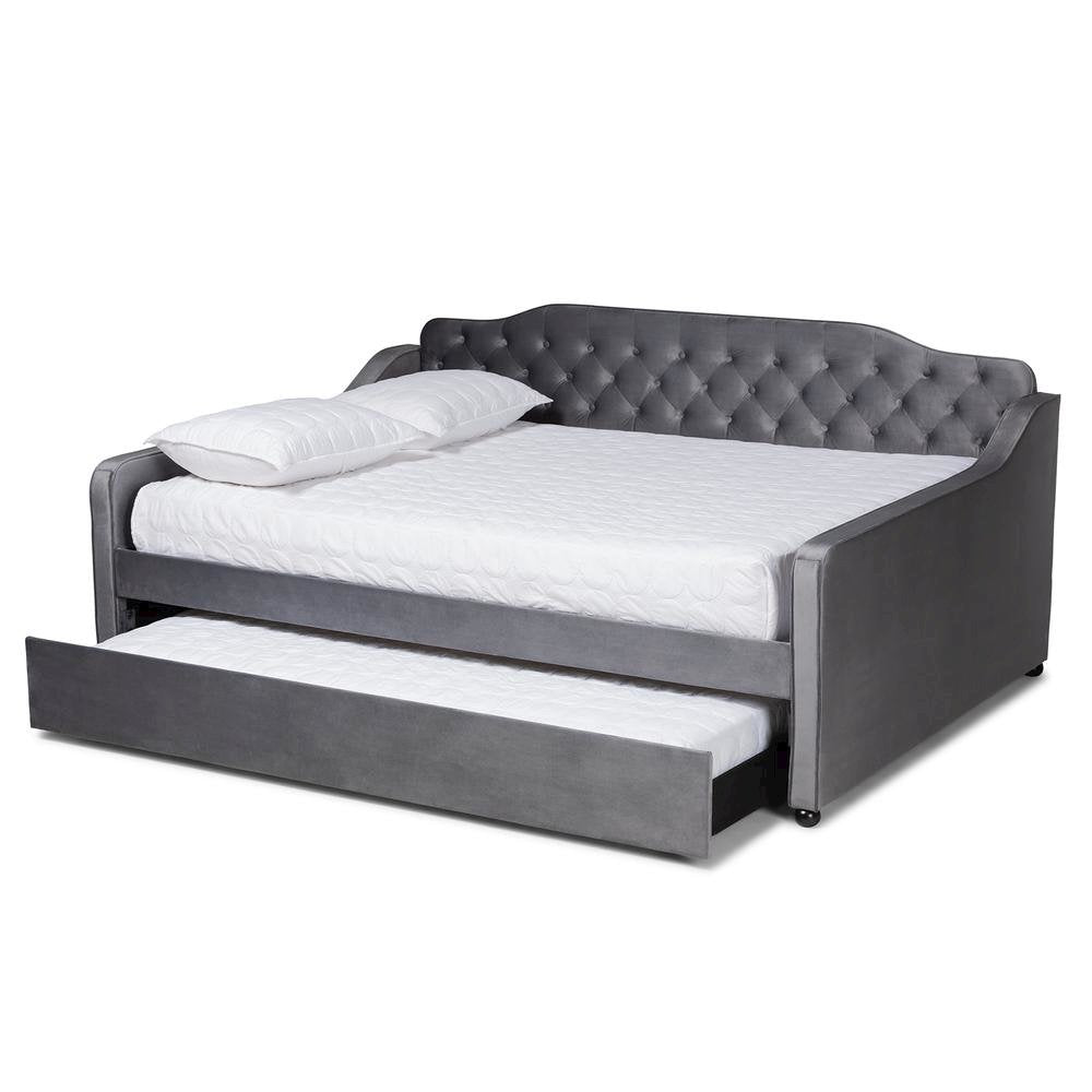 Grey Velvet Fabric Upholstered and Button Tufted Queen Size Daybed with Trundle