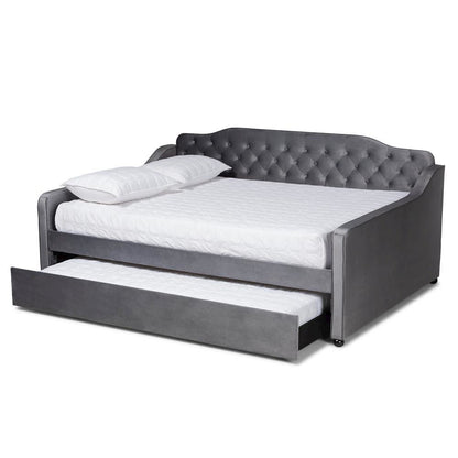 Grey Velvet Fabric Upholstered and Button Tufted Queen Size Daybed with Trundle