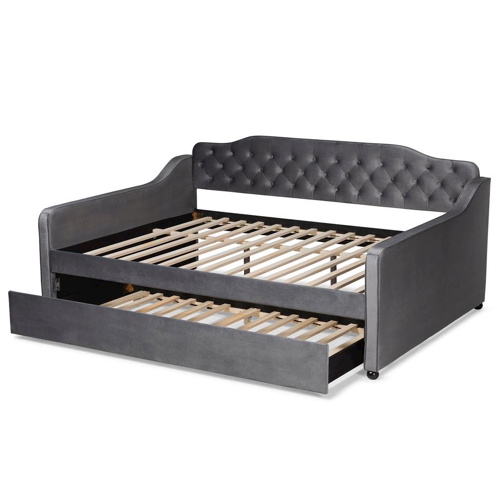 Grey Velvet Fabric Upholstered and Button Tufted Queen Size Daybed with Trundle