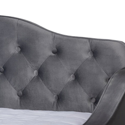 Grey Velvet Fabric Upholstered and Button Tufted Queen Size Daybed with Trundle