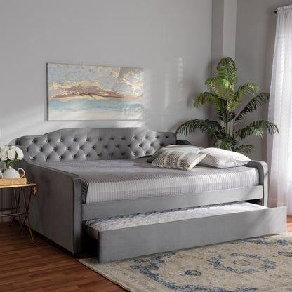 Grey Velvet Fabric Upholstered and Button Tufted Queen Size Daybed with Trundle