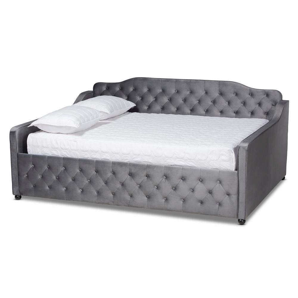 Grey Velvet Fabric Upholstered and Button Tufted Queen Size Daybed