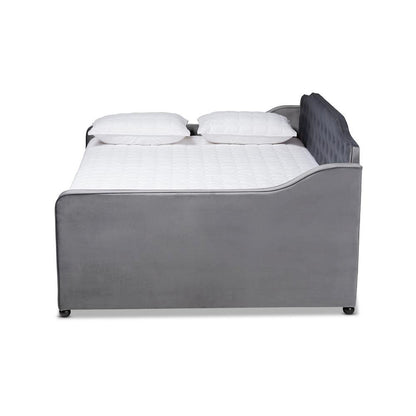 Grey Velvet Fabric Upholstered and Button Tufted Queen Size Daybed