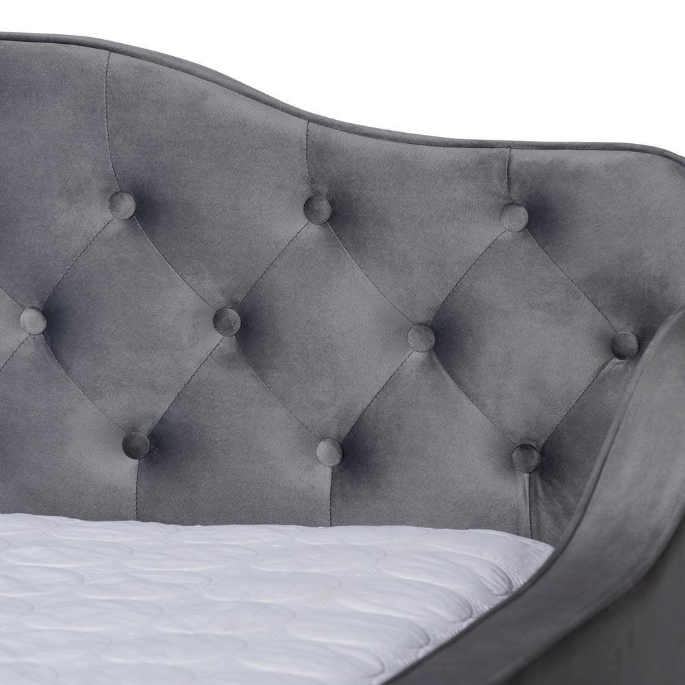Grey Velvet Fabric Upholstered and Button Tufted Queen Size Daybed