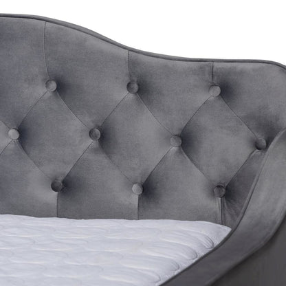 Grey Velvet Fabric Upholstered and Button Tufted Queen Size Daybed
