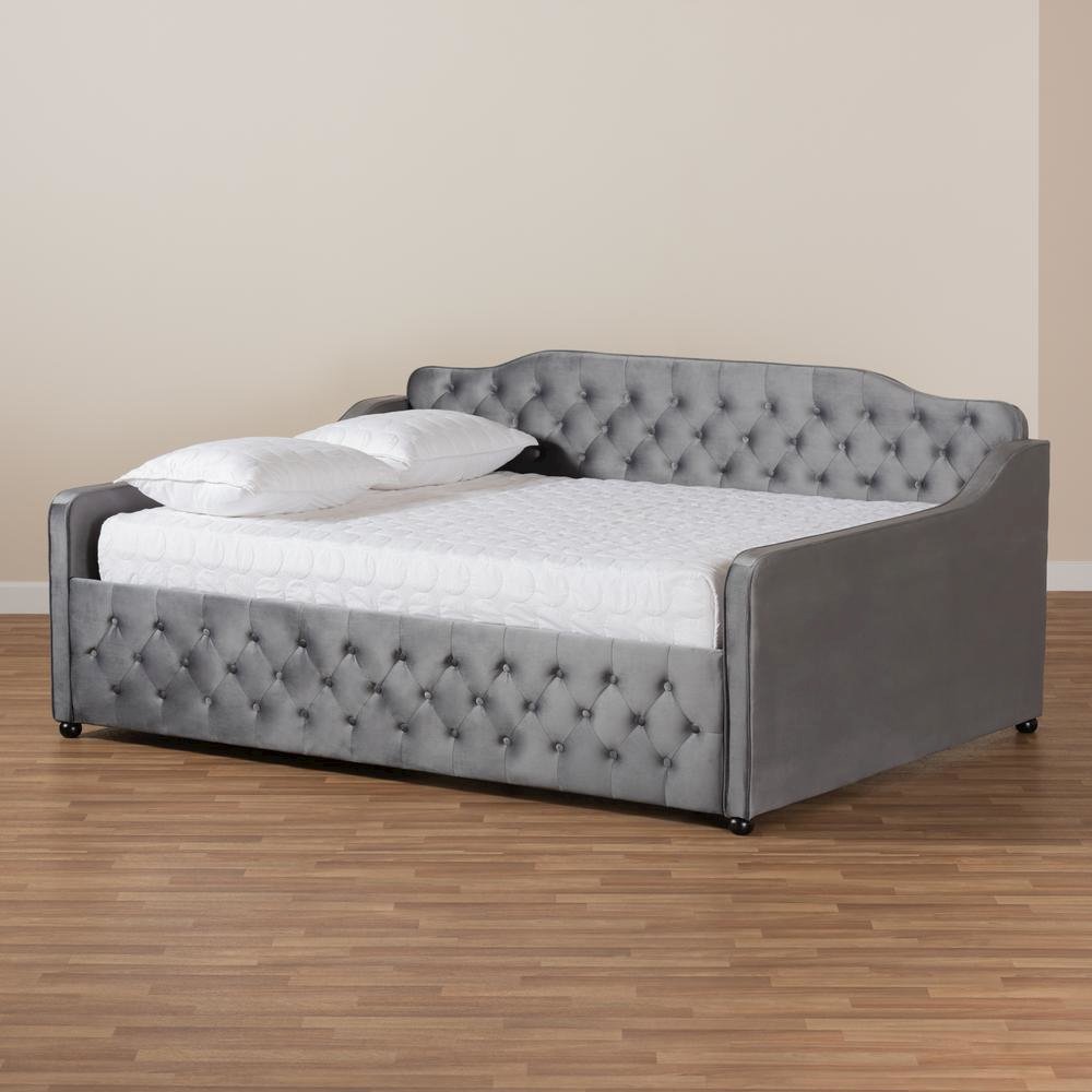 Grey Velvet Fabric Upholstered and Button Tufted Queen Size Daybed