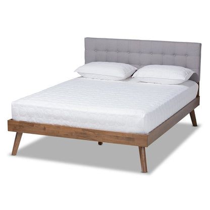 Light Grey Fabric Upholstered Walnut Brown Finished Wood Queen Size Platform Bed