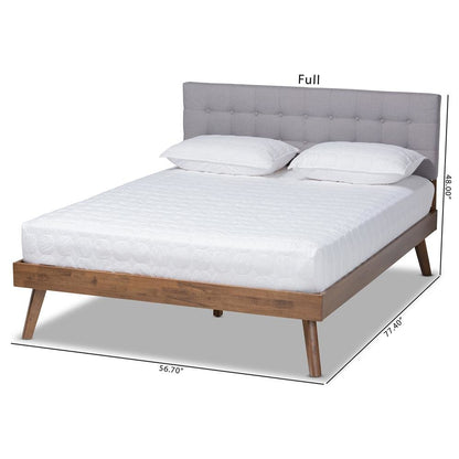 Light Grey Fabric Upholstered Walnut Brown Finished Wood Queen Size Platform Bed