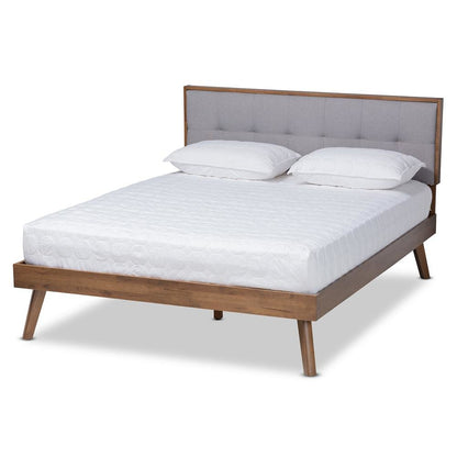 Light Grey Fabric Upholstered Walnut Brown Finished Wood Queen Size Platform Bed