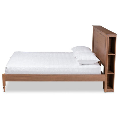 Walnut Brown Finished Wood Queen Size Platform Storage Bed with Built-In Shelves