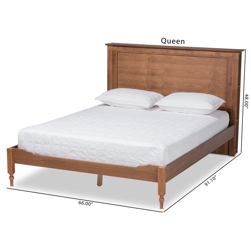 Walnut Brown Finished Wood Queen Size Platform Storage Bed with Built-In Shelves