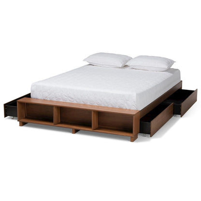 Walnut Brown Finished Wood Queen Size Platform Bed with Built-In Shelves