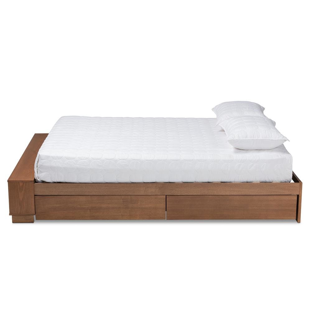 Walnut Brown Finished Wood Queen Size Platform Bed with Built-In Shelves