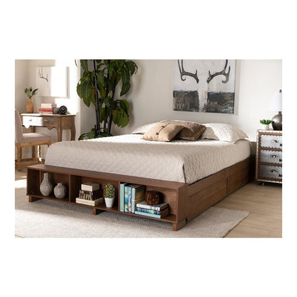 Walnut Brown Finished Wood Queen Size Platform Bed with Built-In Shelves