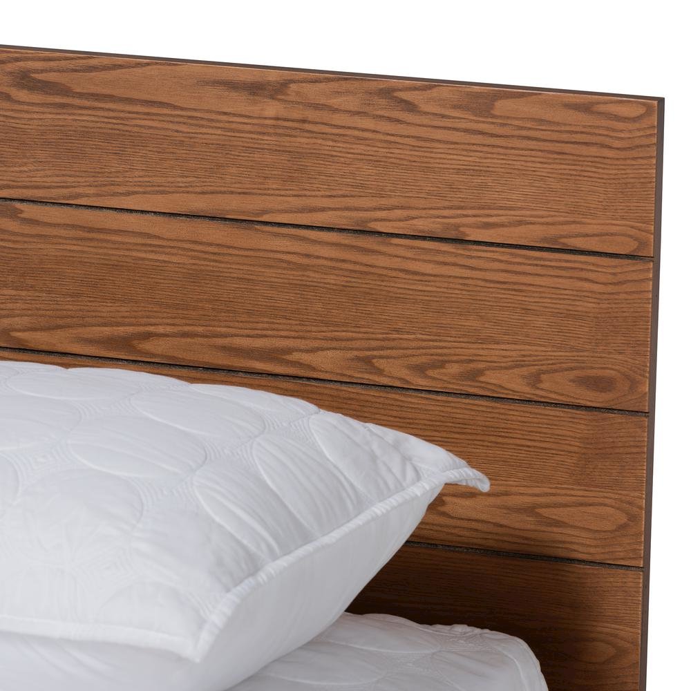 Walnut Brown Finished Wood Queen Size Platform Storage Bed with Built-In Shelves