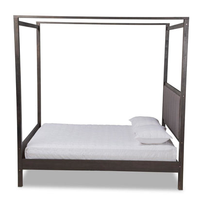 Dark Grey Oak Finished Wood King Size Platform Canopy Bed