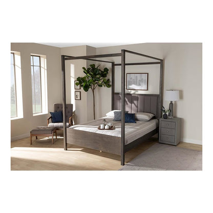 Dark Grey Oak Finished Wood King Size Platform Canopy Bed