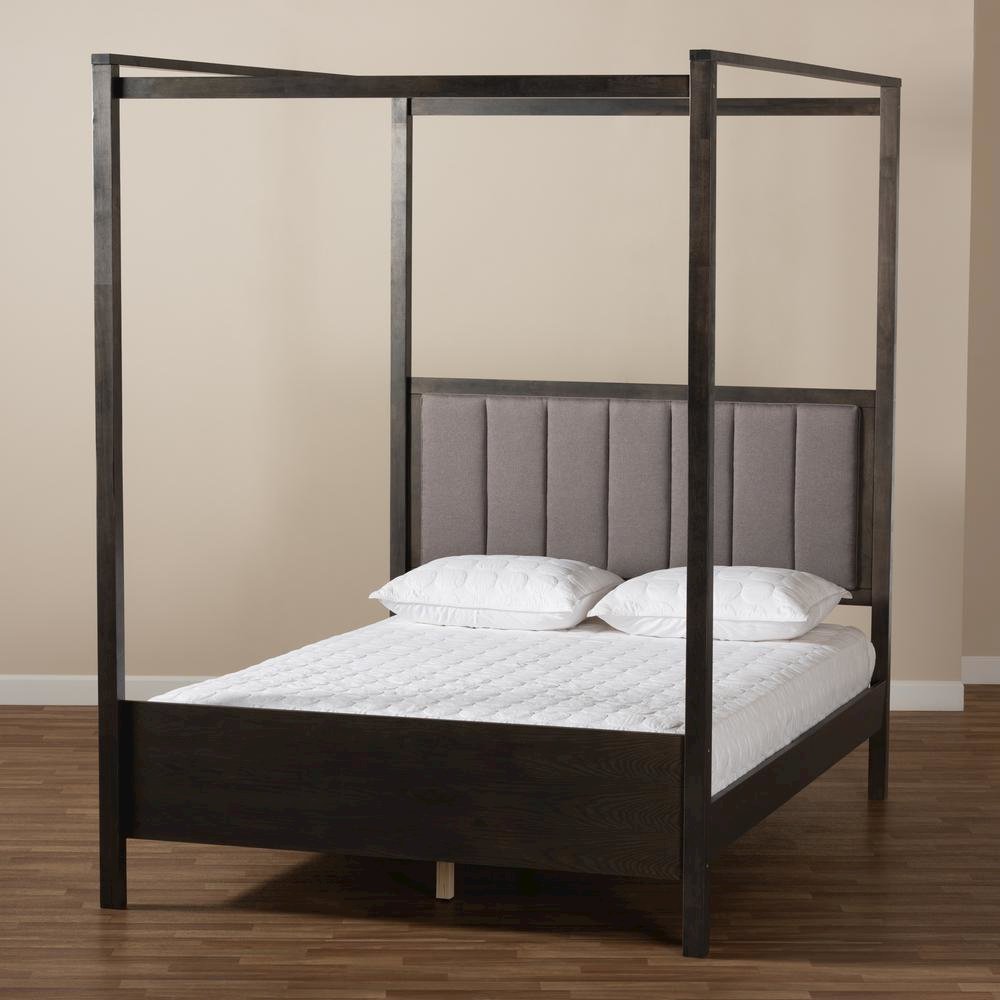 Dark Grey Oak Finished Wood King Size Platform Canopy Bed