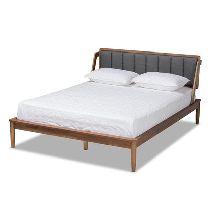 Dark Grey Fabric Upholstered and Walnut Finished Queen Size Platform Bed