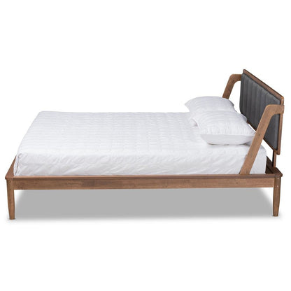 Dark Grey Fabric Upholstered and Walnut Finished Queen Size Platform Bed