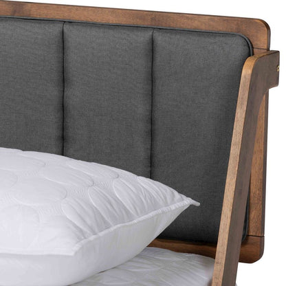 Dark Grey Fabric Upholstered and Walnut Finished Queen Size Platform Bed