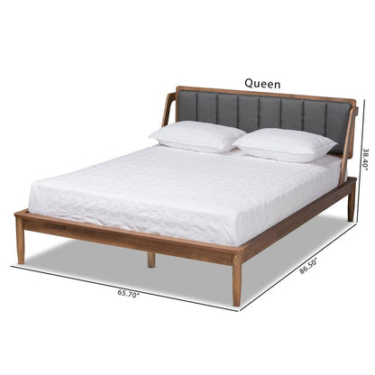 Dark Grey Fabric Upholstered and Walnut Finished Queen Size Platform Bed