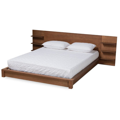 Walnut Brown Finished Wood King Size Platform Storage Bed with Shelves