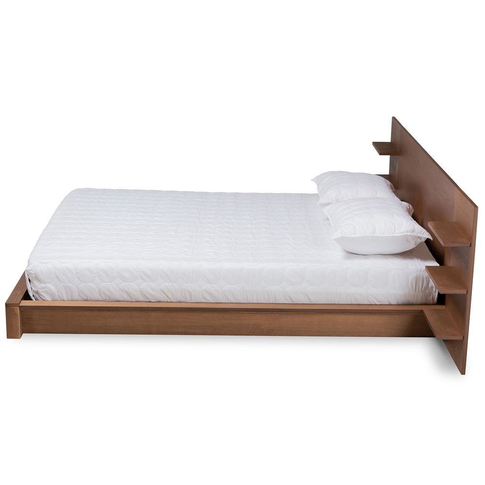 Walnut Brown Finished Wood King Size Platform Storage Bed with Shelves