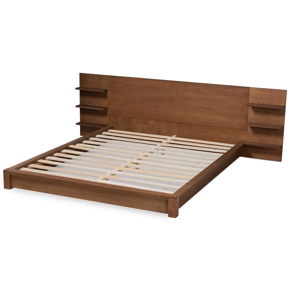 Walnut Brown Finished Wood King Size Platform Storage Bed with Shelves