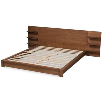 Walnut Brown Finished Wood King Size Platform Storage Bed with Shelves