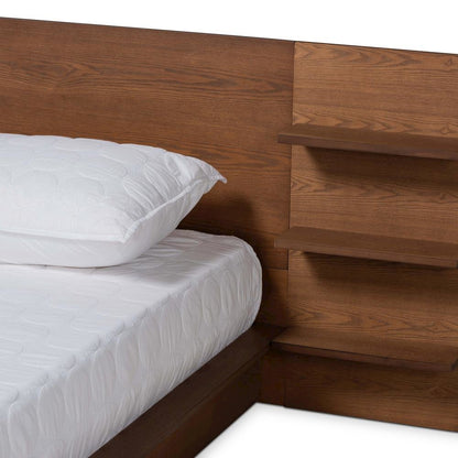 Walnut Brown Finished Wood King Size Platform Storage Bed with Shelves