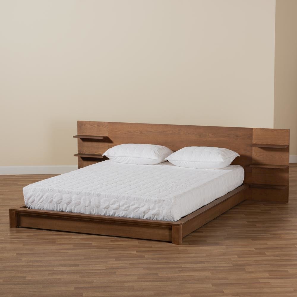 Walnut Brown Finished Wood King Size Platform Storage Bed with Shelves