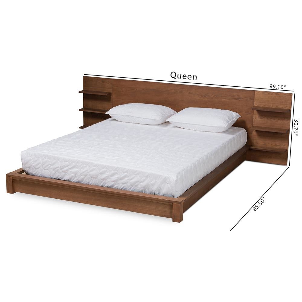 Walnut Brown Finished Wood King Size Platform Storage Bed with Shelves