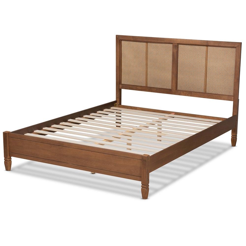 Walnut Brown Finished Wood and Synthetic Rattan Queen Size Platform Bed