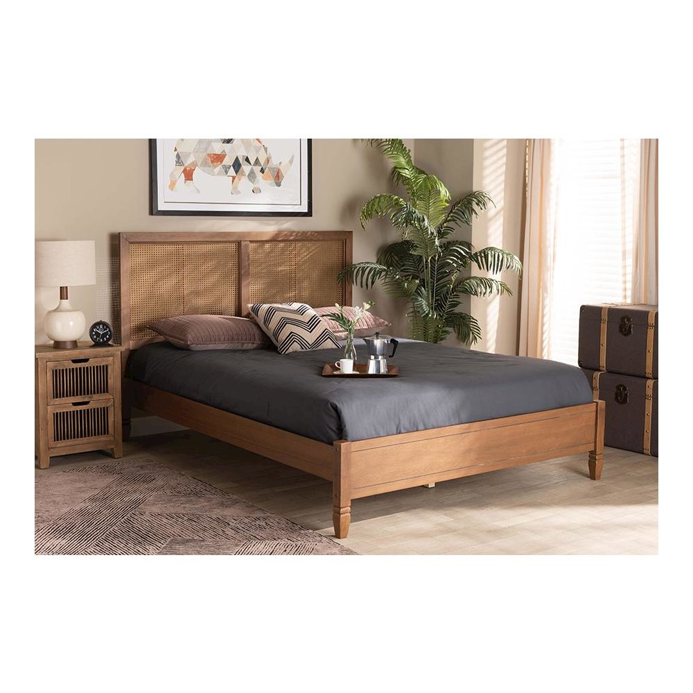 Walnut Brown Finished Wood and Synthetic Rattan Queen Size Platform Bed