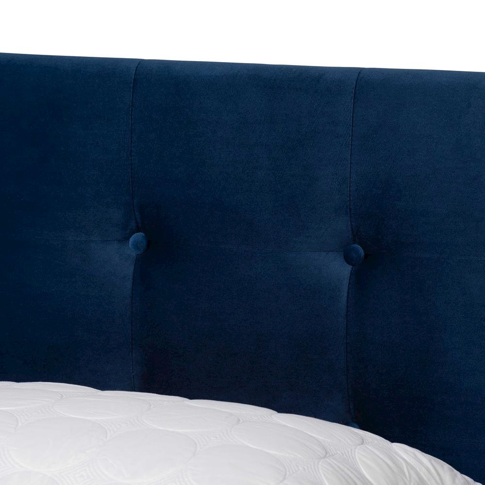 Glam Navy Blue Velvet Fabric Upholstered Queen Size Panel Bed