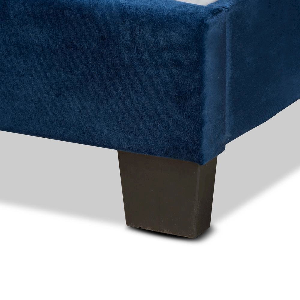 Glam Navy Blue Velvet Fabric Upholstered Queen Size Panel Bed