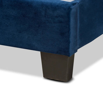 Glam Navy Blue Velvet Fabric Upholstered Queen Size Panel Bed
