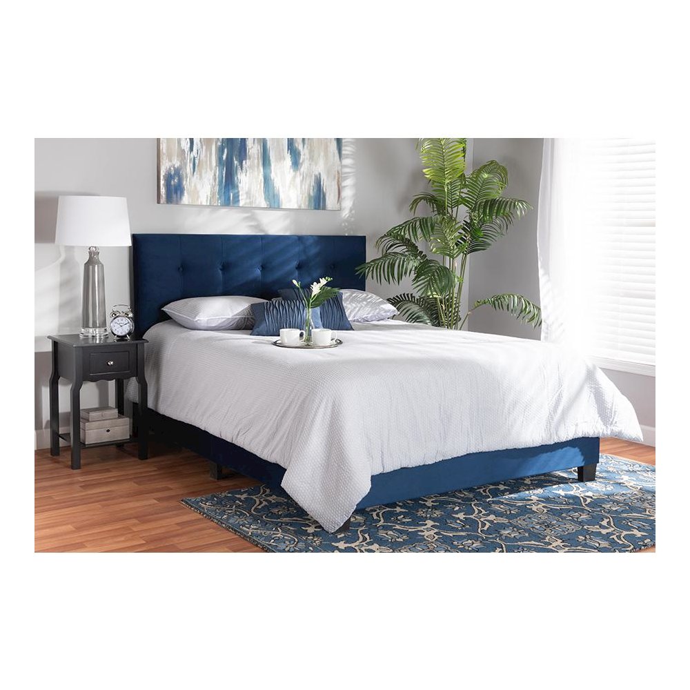 Glam Navy Blue Velvet Fabric Upholstered Queen Size Panel Bed