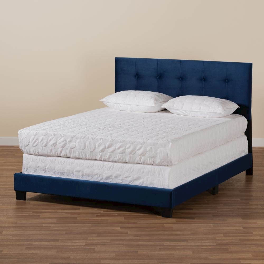 Glam Navy Blue Velvet Fabric Upholstered Queen Size Panel Bed