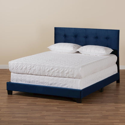 Glam Navy Blue Velvet Fabric Upholstered Queen Size Panel Bed