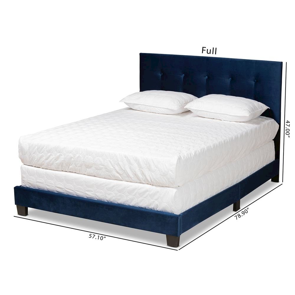 Glam Navy Blue Velvet Fabric Upholstered Queen Size Panel Bed