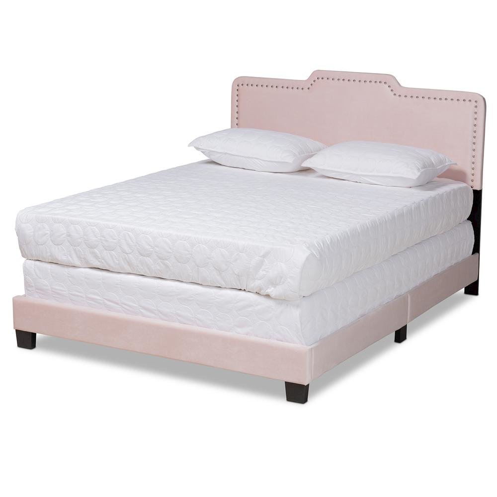 Glam Light Pink Velvet Fabric Upholstered Queen Size Panel Bed