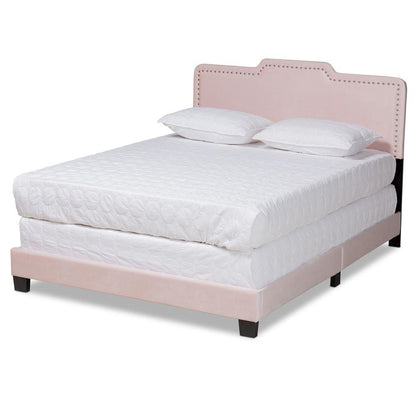 Glam Light Pink Velvet Fabric Upholstered Queen Size Panel Bed