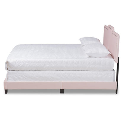 Glam Light Pink Velvet Fabric Upholstered Queen Size Panel Bed